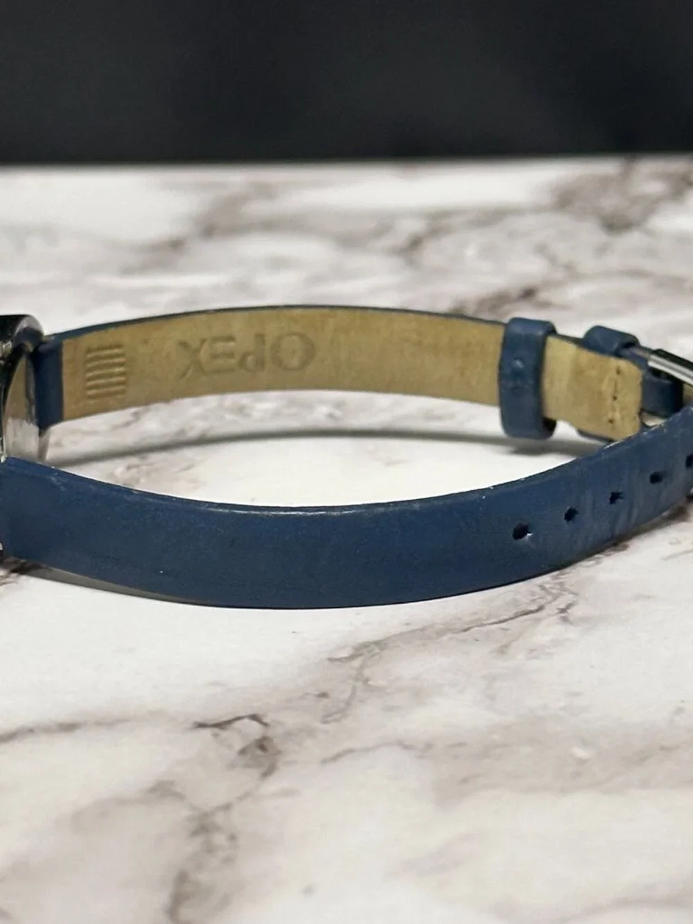 Opex Watch Women Silver Tone Blue Dial Skinny Leather Band New Battery 8 Inch